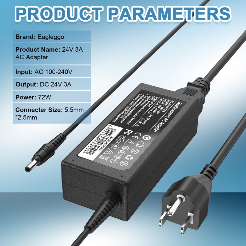 Eagleggo محول طاقة EAGLEGGO من AC 100-240V إلى DC 24V 3A بديل لجهاز مسح الصور Fujitsu سلسلة FI fi-7160 fi-7180 fi-7260 fi-7280 PA03586-B015 سلك طاقة AC - Image 2